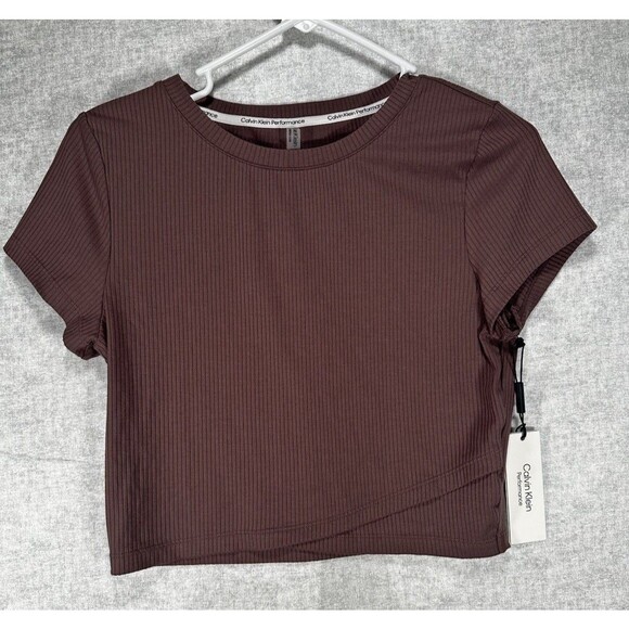 NWT Calvin Klein Women's Performance Ribbed Crossover T-Shirt Brown Size Small - Picture 1 of 7